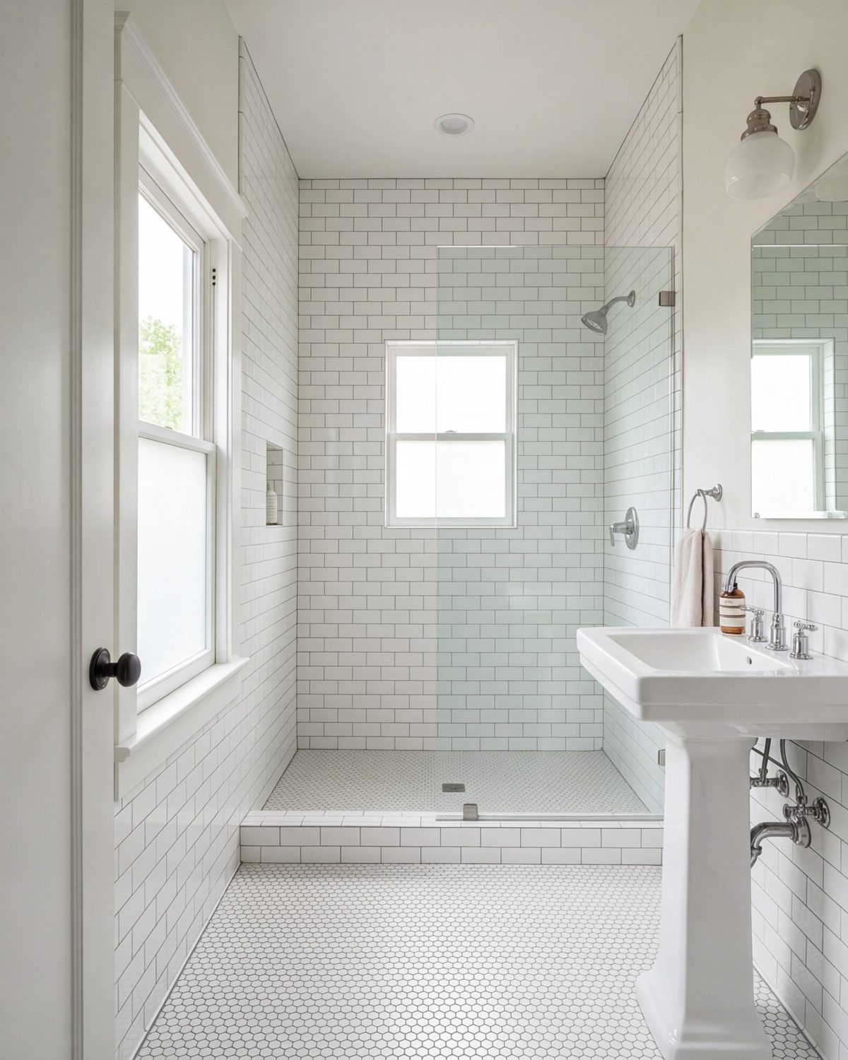 Narrow Fairmount bungalow bathroom with hex floor, subway tile walls and a walk-in shower