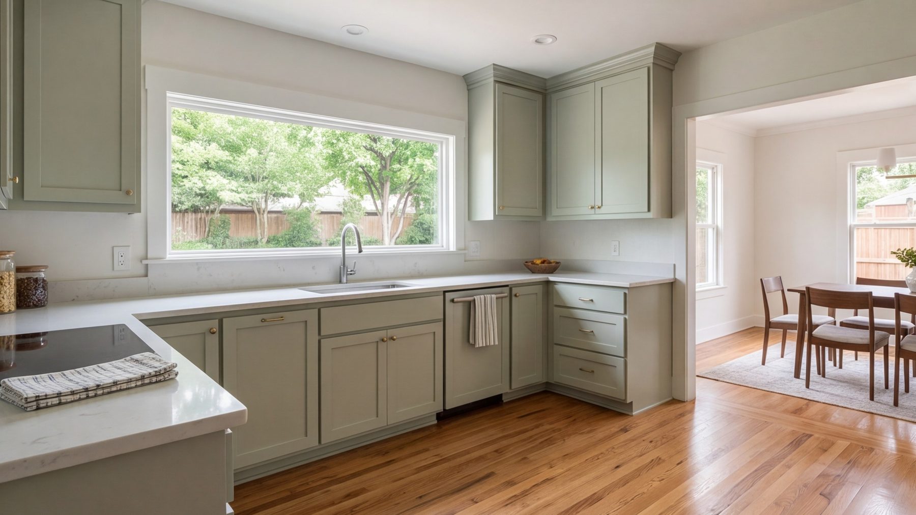 Ryan Place kitchen opened to the dining room with painted cabinets and a long window