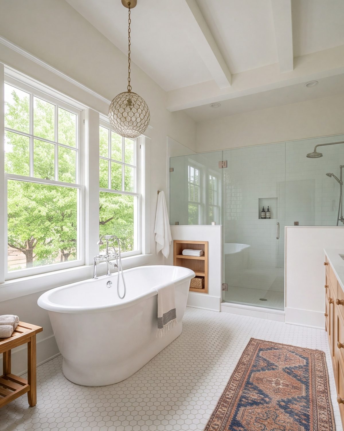 Wide view of a bungalow primary bathroom with a clawfoot tub, hex tile floor and a walk-in glass shower
