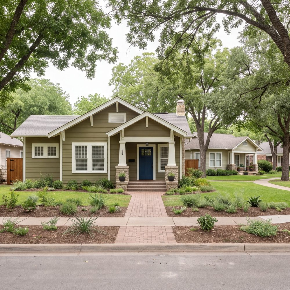 wide street view of a refreshed Craftsman bungalow front, new paint, trim and entry, mature trees